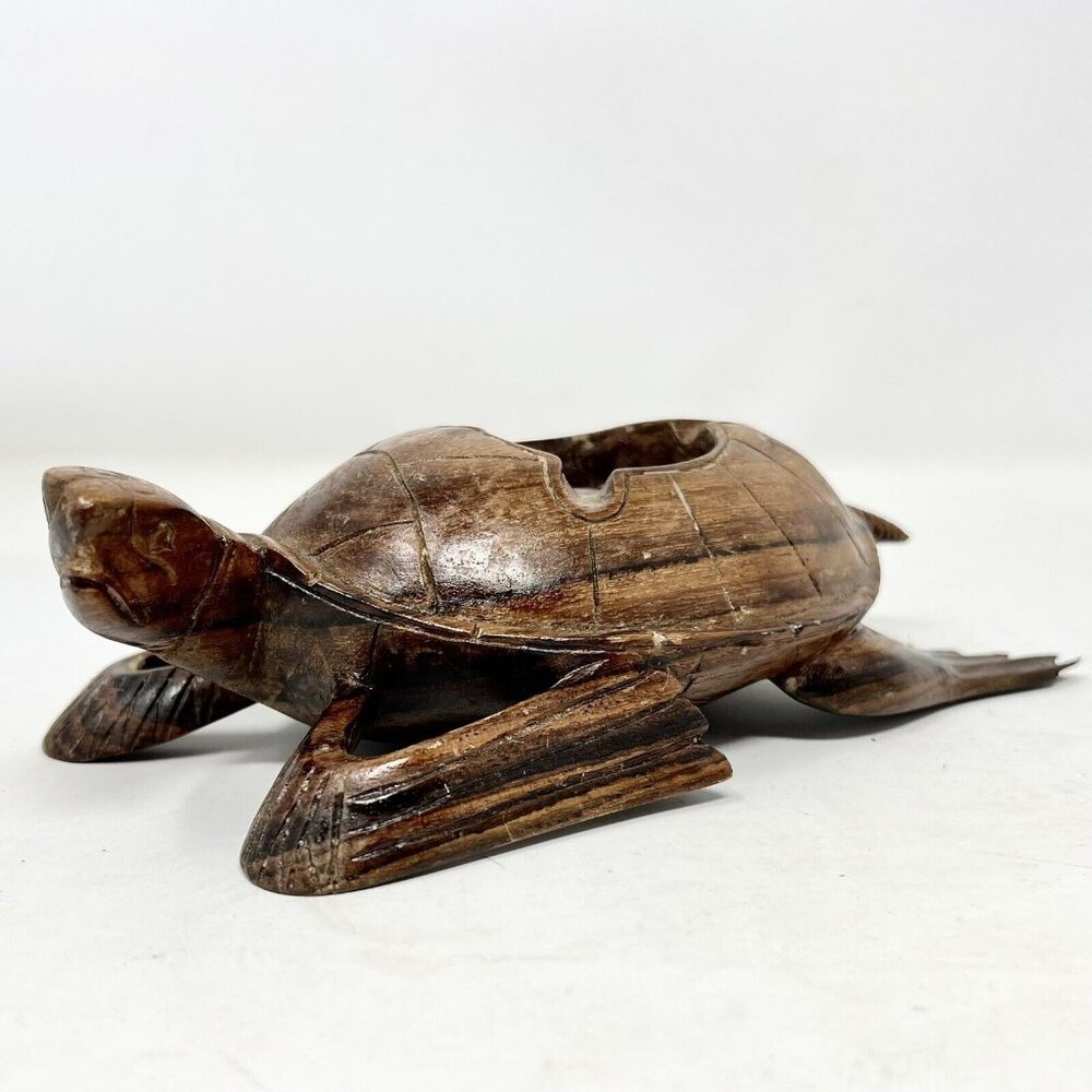 Vintage Hand Carved Wood Sea Turtle Ashtray Large Pacific? 8.5"‎ X 4.5" Trinket